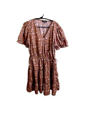 Boho Floral Midi Dress 1X Brown Blush Pink Cottagecore Puff Sleeve Tie Waist